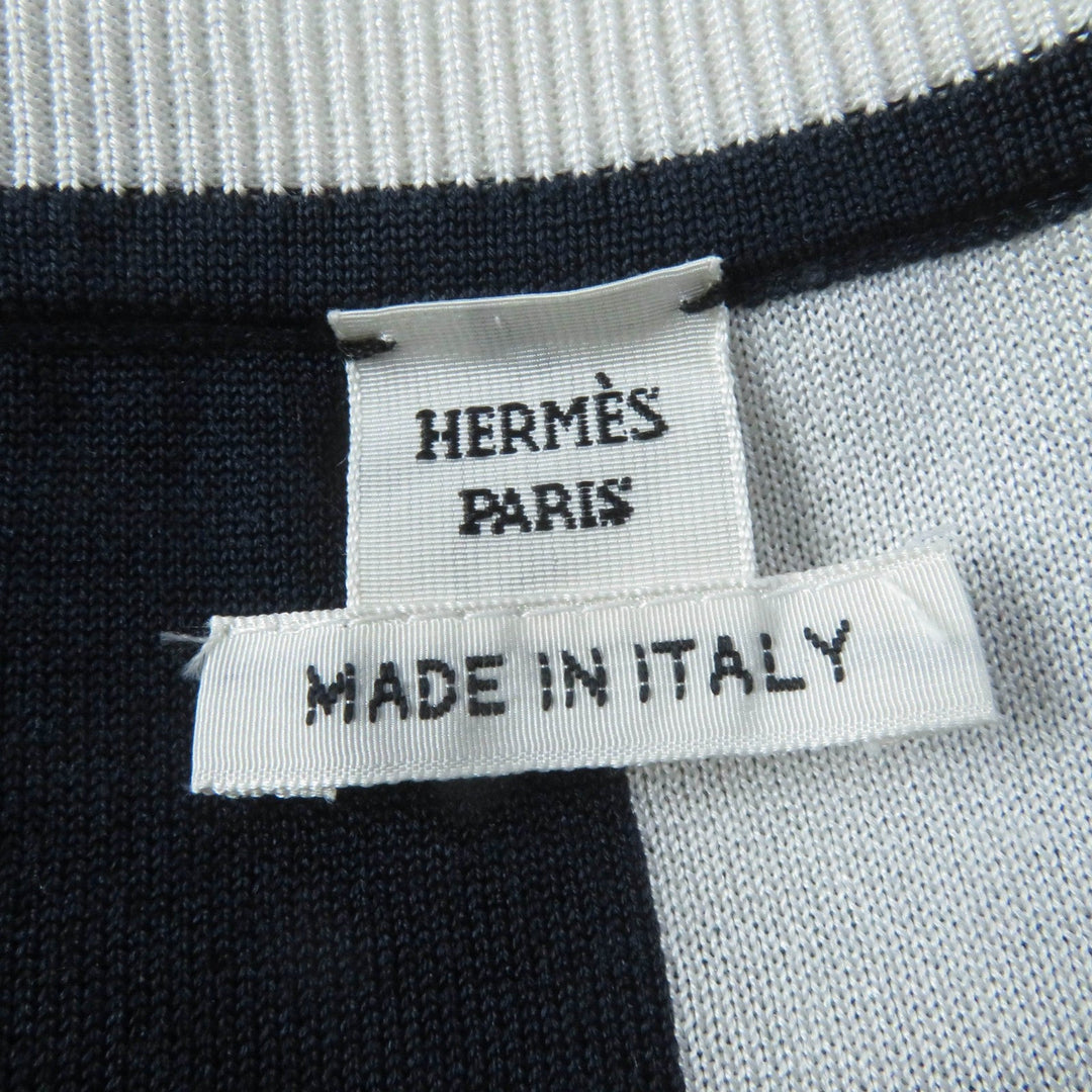 HERMES Short sleeve knit 4E2654D6 silk Navy white Knit jacquard chaos Women 42 Used Authentic