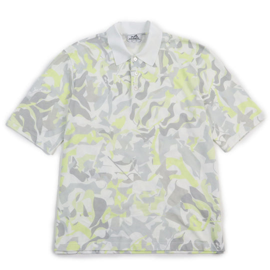 HERMES Short sleeve polo shirt Main: 100% cotton Gray yellow Puzzle Vegetal mens XL Used Authentic
