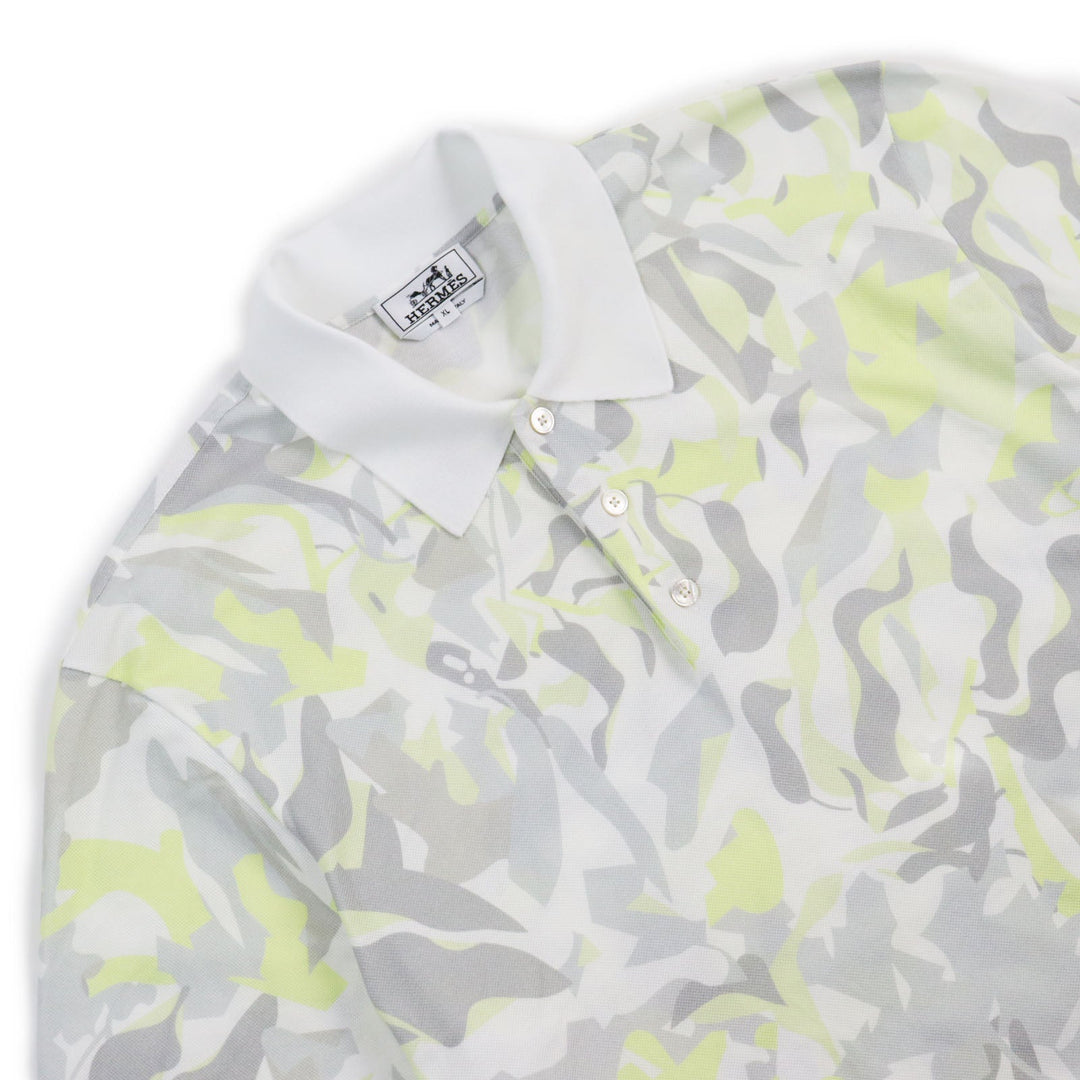 HERMES Short sleeve polo shirt Main: 100% cotton Gray yellow Puzzle Vegetal mens XL Used Authentic