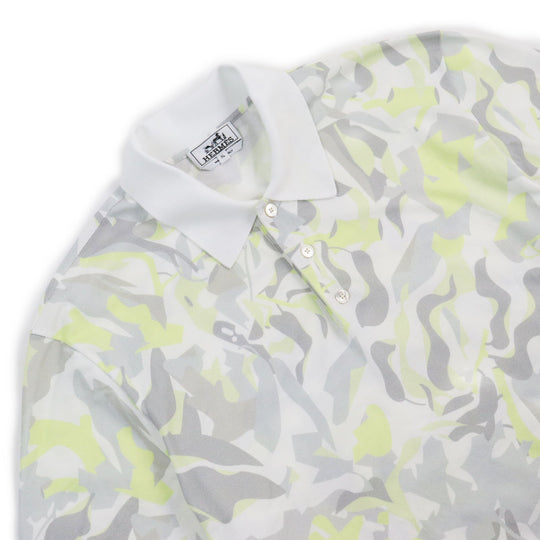 HERMES Short sleeve polo shirt Main: 100% cotton Gray yellow Puzzle Vegetal mens XL Used Authentic