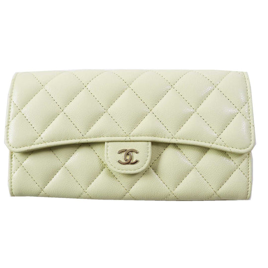 CHANEL Long Wallet Purse AP0241 Caviar skin Light yellow Matrasse Timeless Classic Line Women Used Authentic