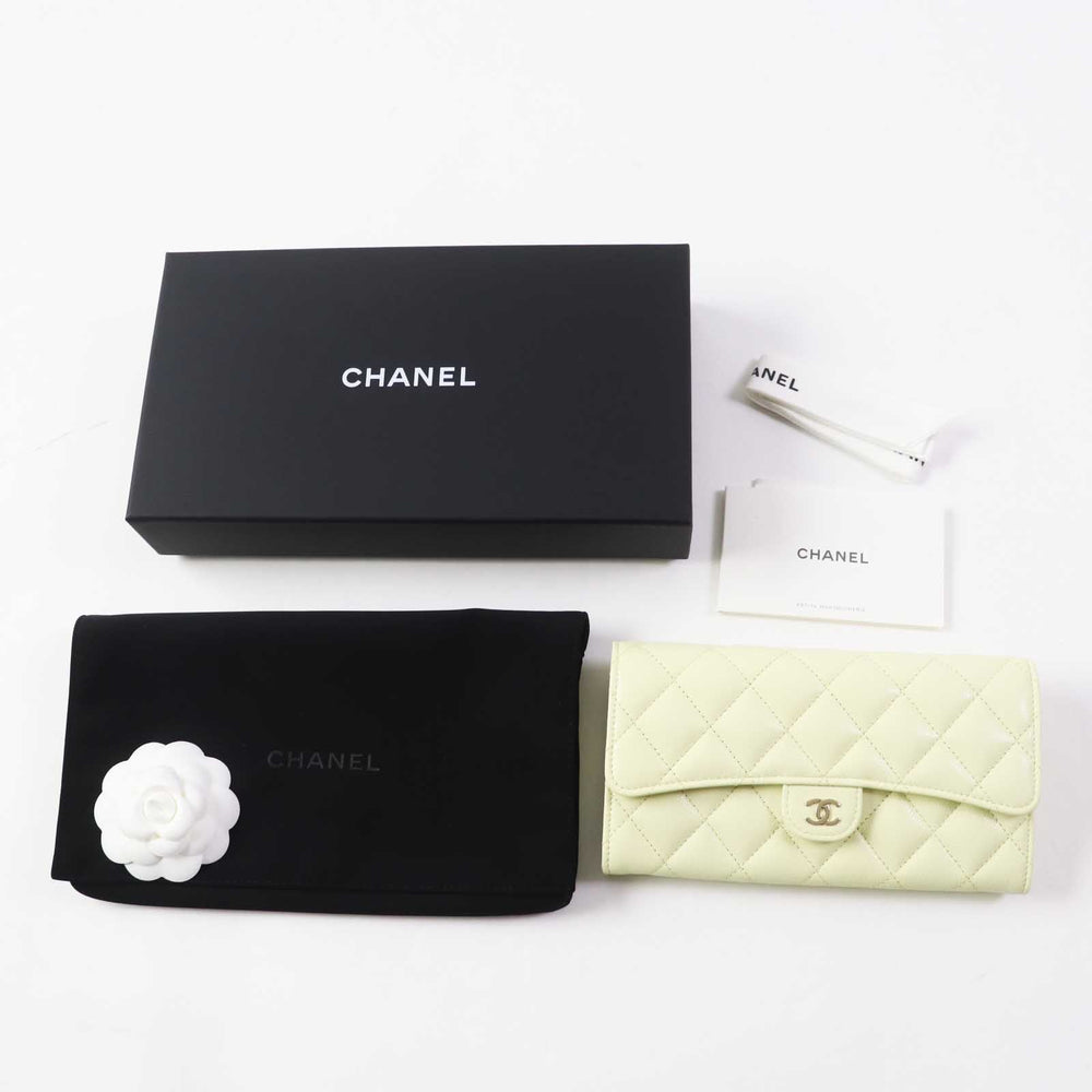 CHANEL Long Wallet Purse AP0241 Caviar skin Light yellow Matrasse Timeless Classic Line Women Used Authentic