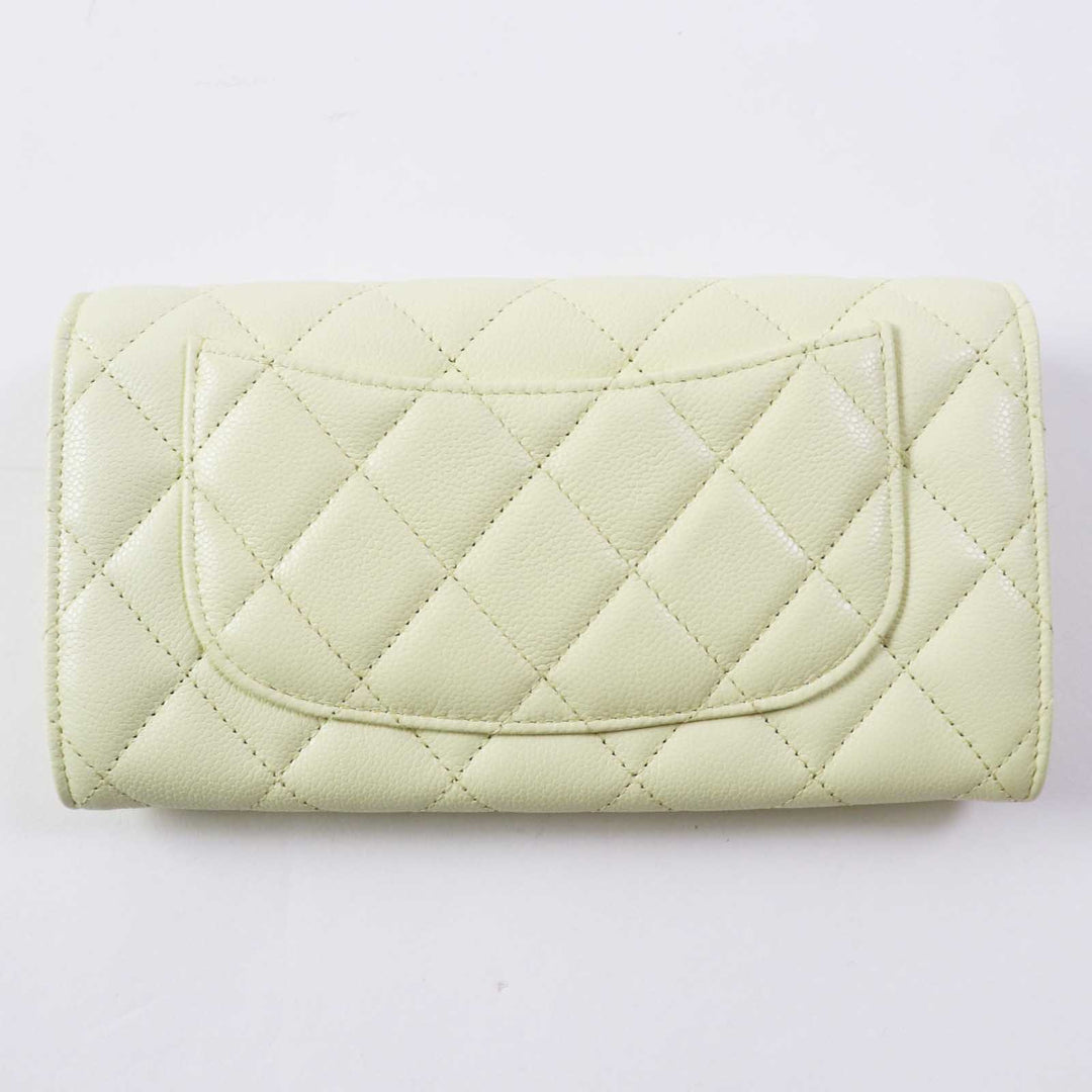 CHANEL Long Wallet Purse AP0241 Caviar skin Light yellow Matrasse Timeless Classic Line Women Used Authentic