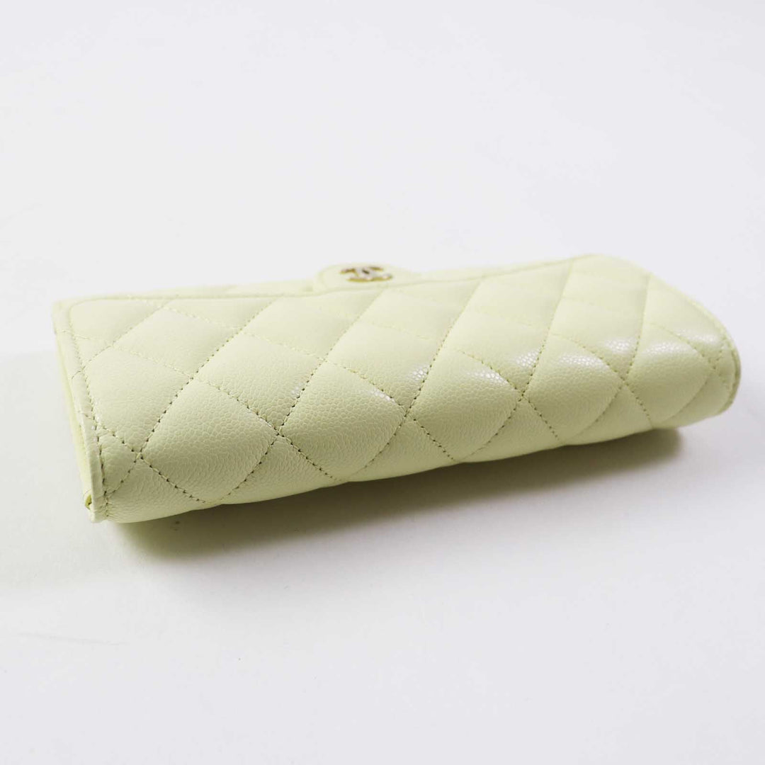 CHANEL Long Wallet Purse AP0241 Caviar skin Light yellow Matrasse Timeless Classic Line Women Used Authentic