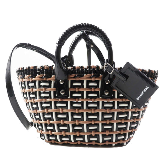 BALENCIAGA Handbag 671342 Patent, Enamel black white beige Bistro XS Women Used Authentic