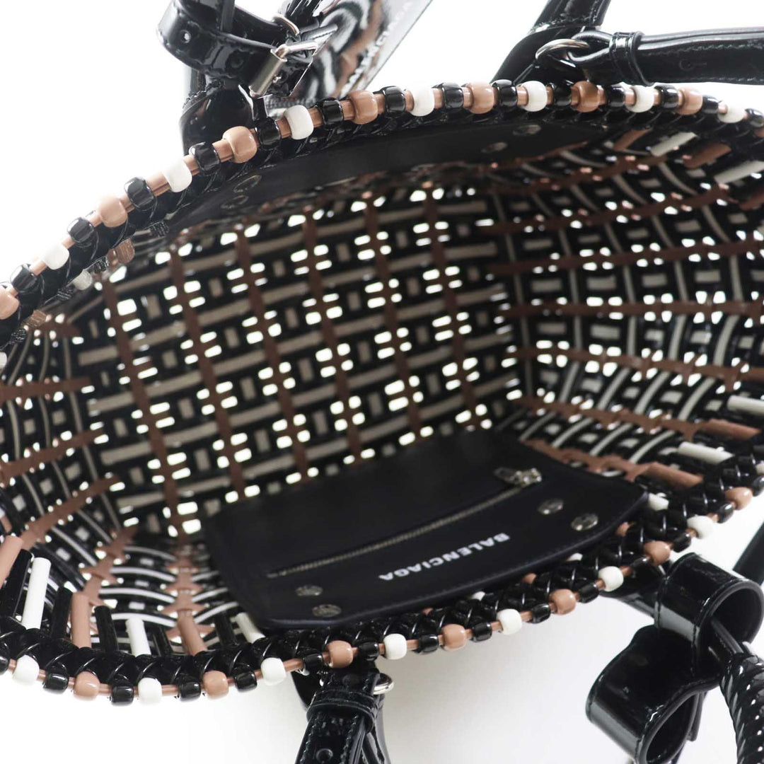 BALENCIAGA Handbag 671342 Patent, Enamel black white beige Bistro XS Women Used Authentic