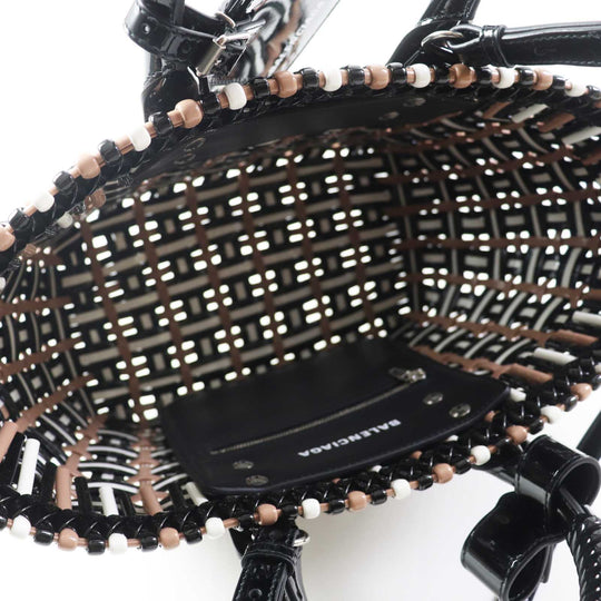 BALENCIAGA Handbag 671342 Patent, Enamel black white beige Bistro XS Women Used Authentic