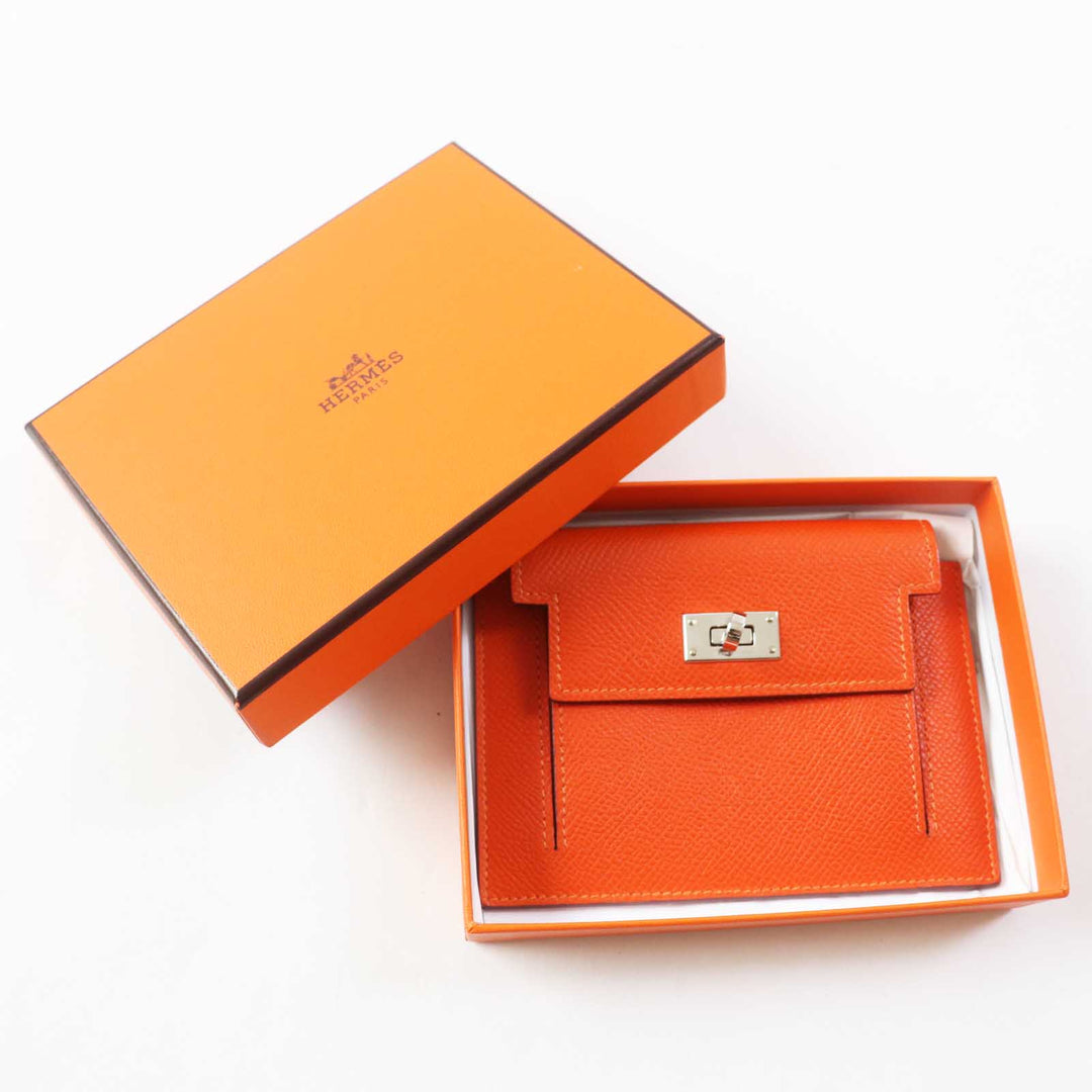 HERMES Coin case Epsom Orange Kelly Pocket Compact Women Used Authentic