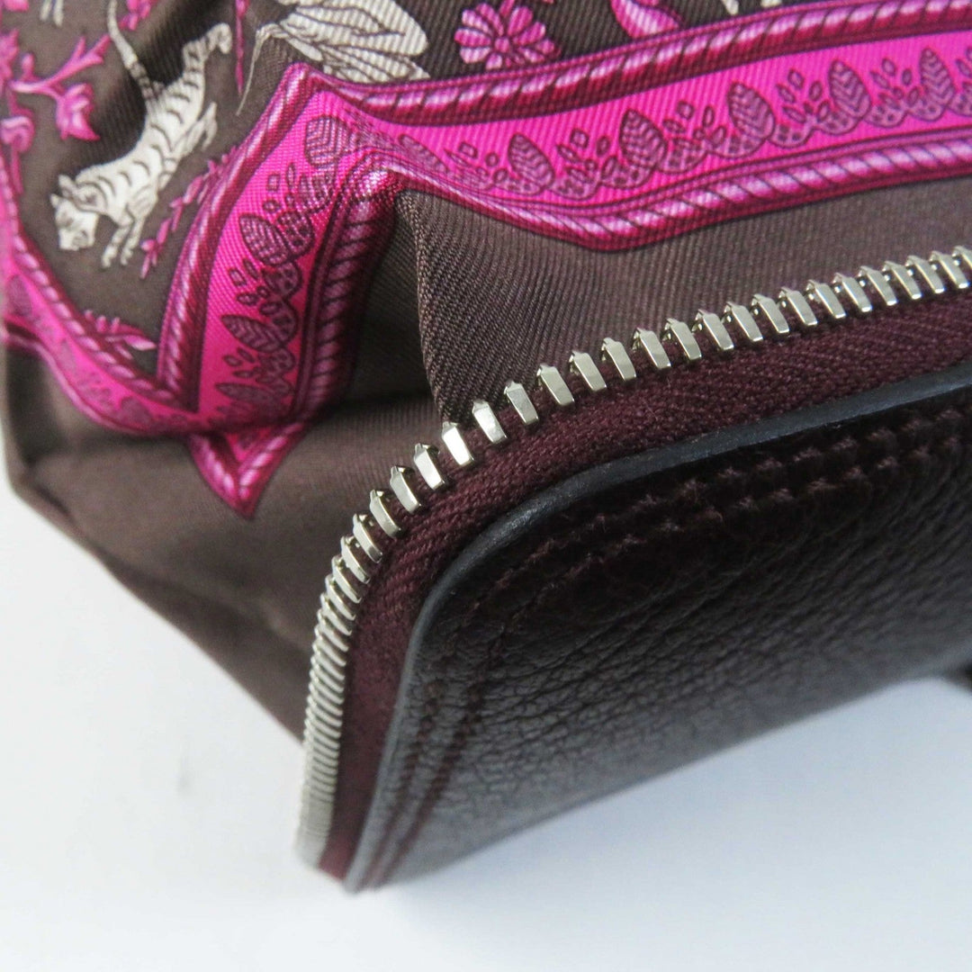 HERMES Tote Bag Buffle Skipper Silk Chocolat Silky pop Chasse En Inde Indian Hunting Women Used Authentic