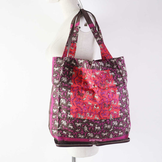 HERMES Tote Bag Buffle Skipper Silk Chocolat Silky pop Chasse En Inde Indian Hunting Women Used Authentic