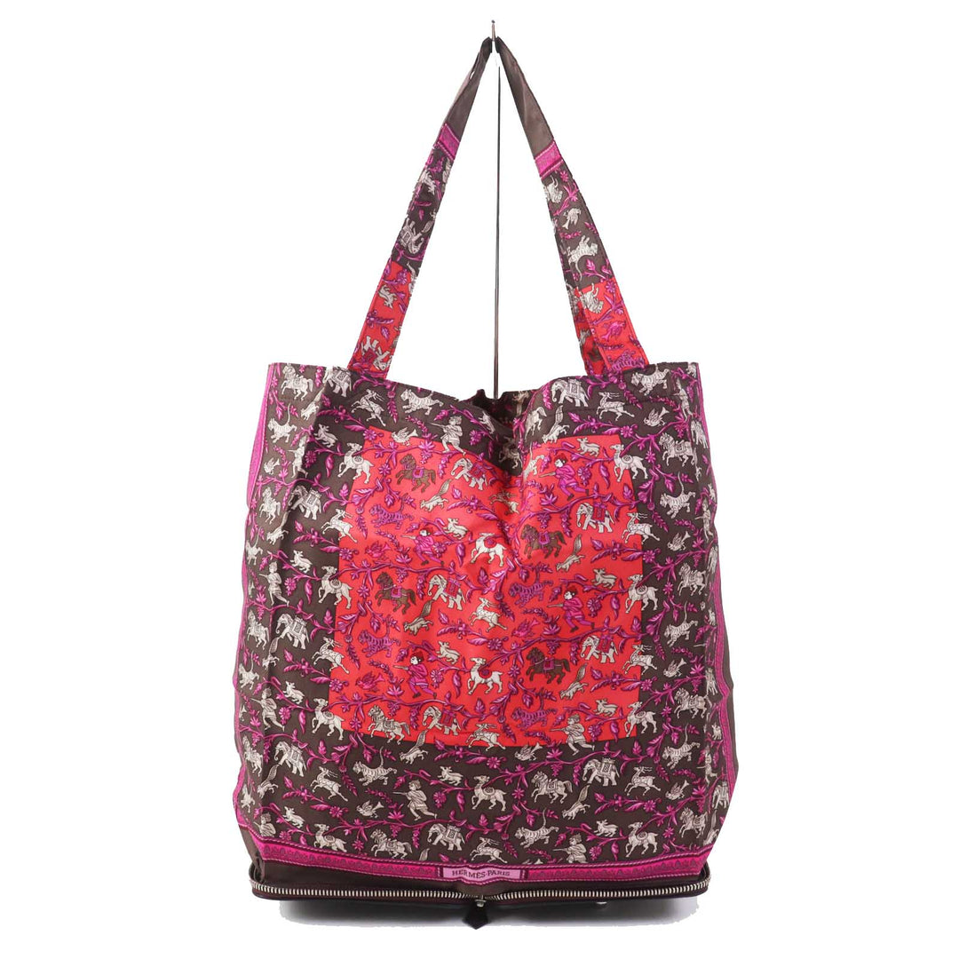 HERMES Tote Bag Buffle Skipper Silk Chocolat Silky pop Chasse En Inde Indian Hunting Women Used Authentic