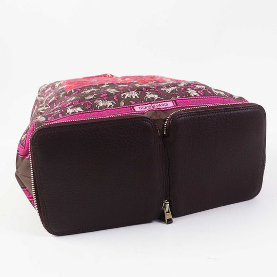 HERMES Tote Bag Buffle Skipper Silk Chocolat Silky pop Chasse En Inde Indian Hunting Women Used Authentic