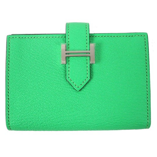 HERMES name card holder Chevre Misol Green , Vert Comics Bean mini Women Used Authentic