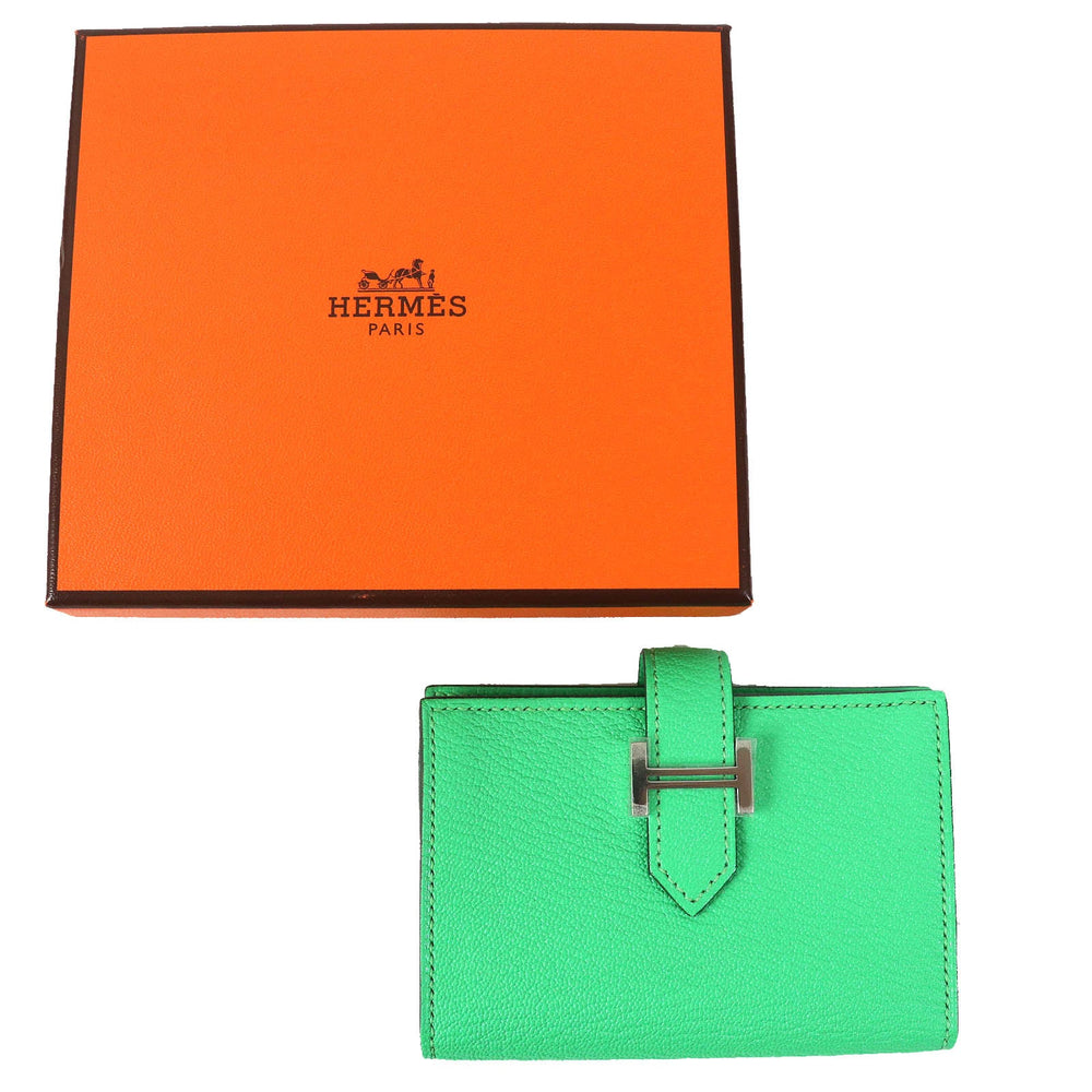 HERMES name card holder Chevre Misol Green , Vert Comics Bean mini Women Used Authentic