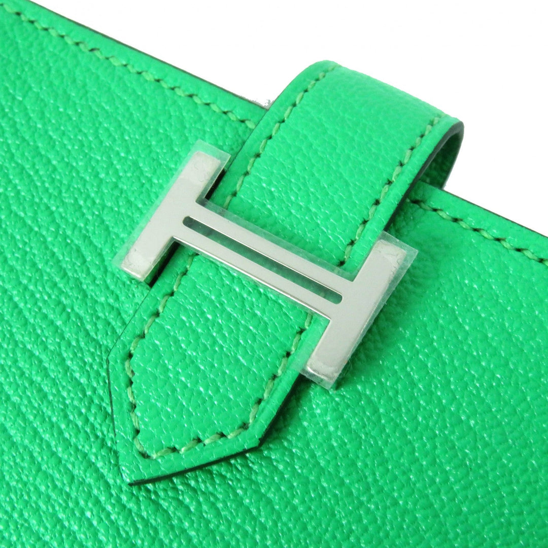 HERMES name card holder Chevre Misol Green , Vert Comics Bean mini Women Used Authentic