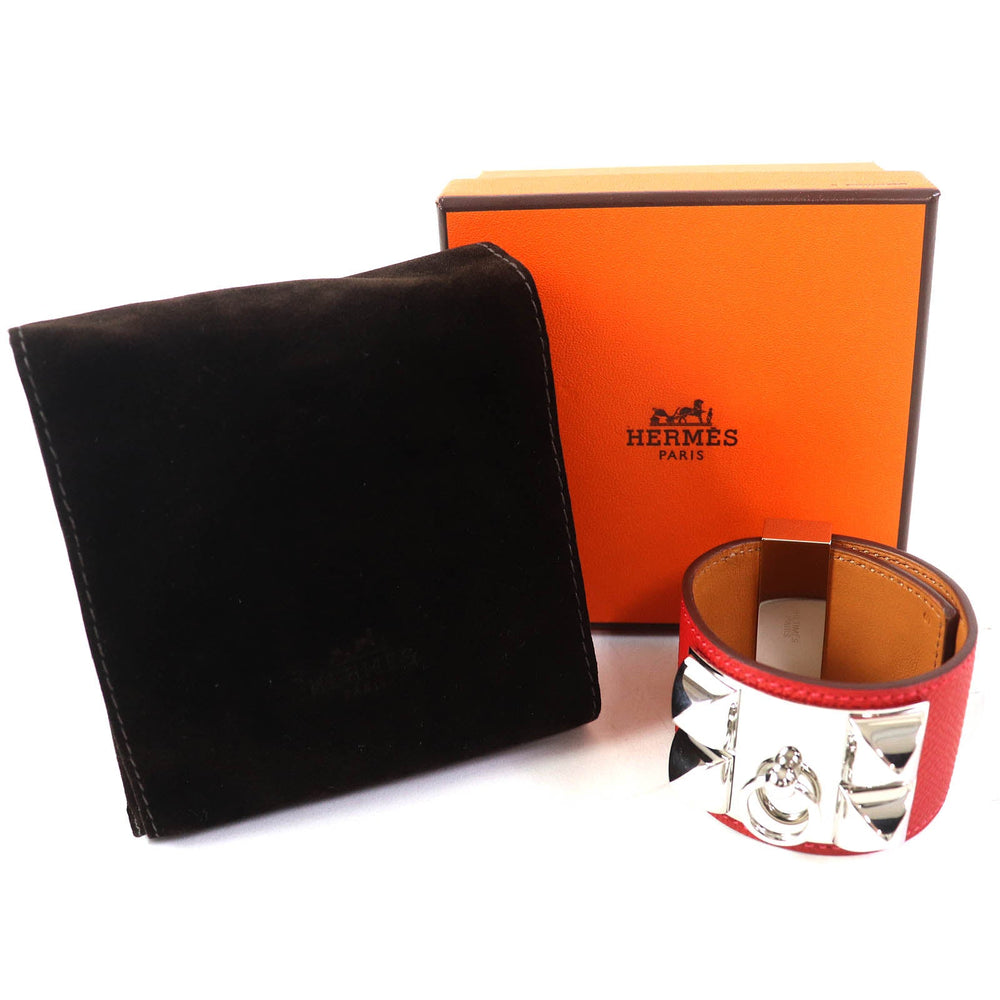 HERMES bracelet Main: Leather Red Collier de Sian Gold Plated Women Used Authentic