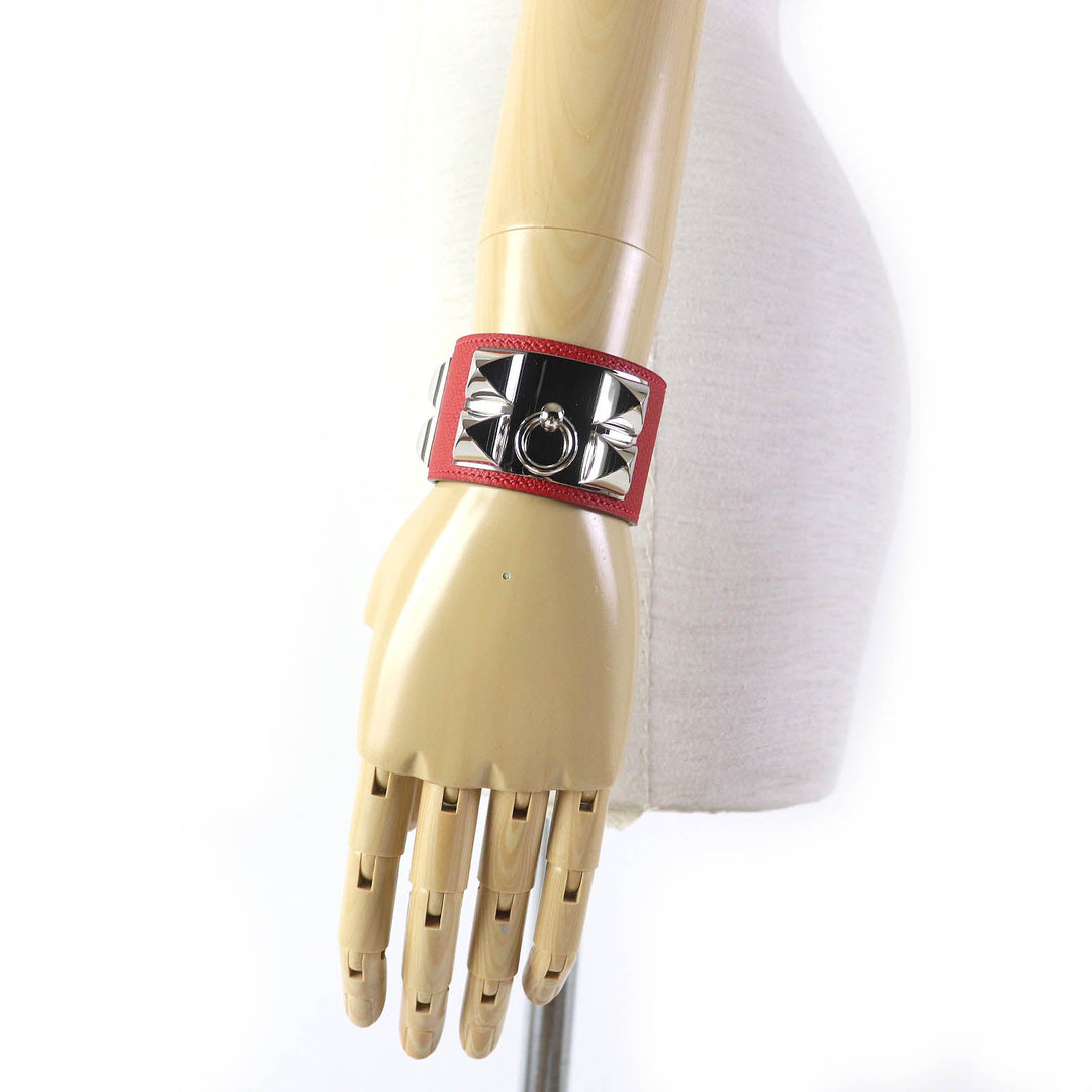 HERMES bracelet Main: Leather Red Collier de Sian Gold Plated Women Used Authentic
