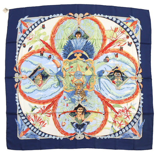HERMES shawl Main: 100% silk Navy multi-color Carre90 AMAZONIA Amazonia Women Used Authentic