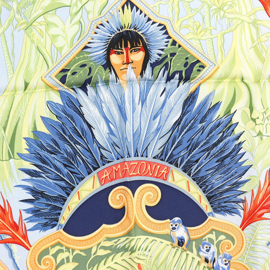 HERMES shawl Main: 100% silk Navy multi-color Carre90 AMAZONIA Amazonia Women Used Authentic