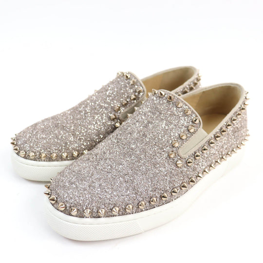 Christian Louboutin Slip-on leather Silver Studs Glitter Pick boat Women 35 Used Authentic