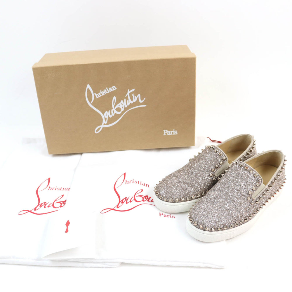Christian Louboutin Slip-on leather Silver Studs Glitter Pick boat Women 35 Used Authentic