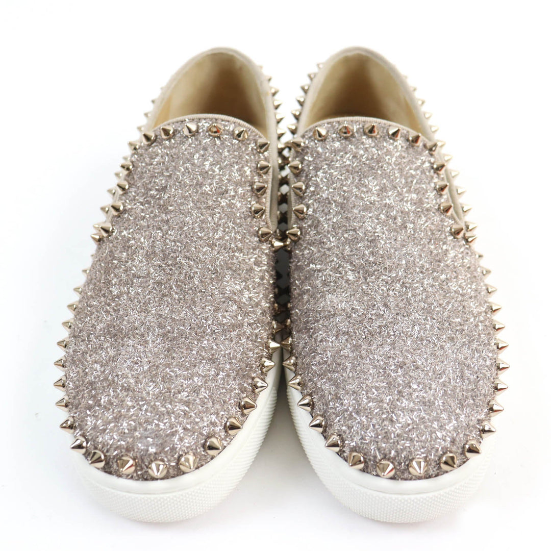Christian Louboutin Slip-on leather Silver Studs Glitter Pick boat Women 35 Used Authentic