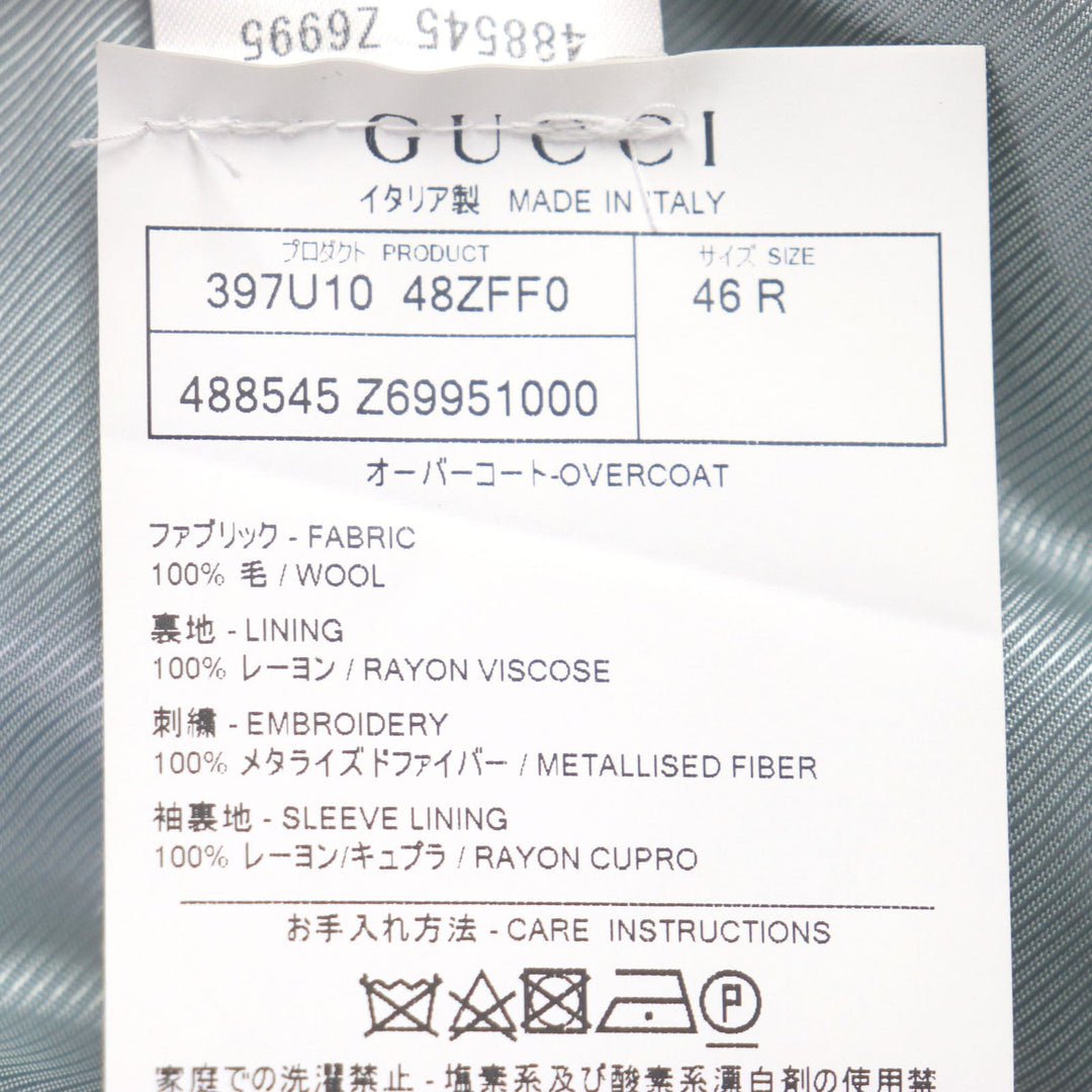 GUCCI Chester coat 488545 Outer: 100% wool, Lining: 100% rayon, Sleeve lining: 100% cupra, Embroidery: 100% metal fiber black DIY mens 46 Used Authentic