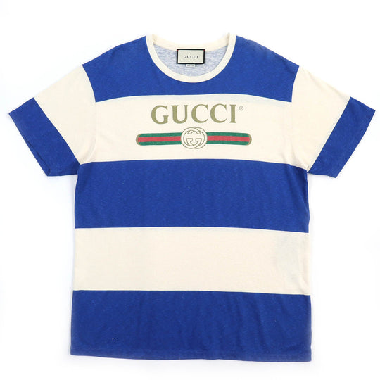 GUCCI Short sleeve T-shirt 604176 Main: 63% cotton, 37% hemp Blue Light Beige mens L Used Authentic