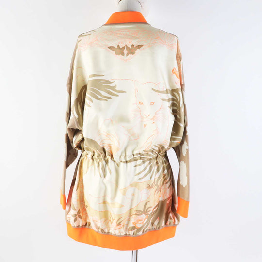 HERMES Jacket 2H2816DR Main: 100% silk, knit: 51% silk, 37% polyester, 7% nylon, 5% polyurethane, rib: 69% polyester, 18% nylon, 13% polyurethane, string: 58% silk, 42% polyester Beige Neon Orange JUNGLE LOVE Women 34 Used Authentic