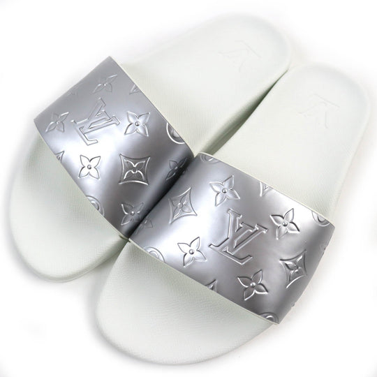 LOUIS VUITTON Sandals Monogram embossed metallic rubber Silver white Waterfront Line Mules mens 6 Used Authentic
