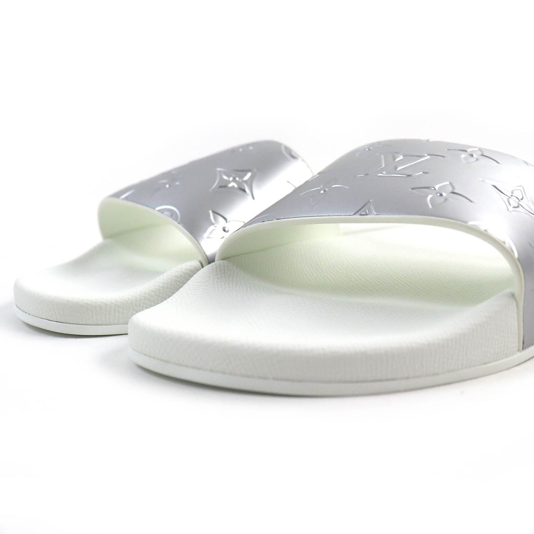 LOUIS VUITTON Sandals Monogram embossed metallic rubber Silver white Waterfront Line Mules mens 6 Used Authentic