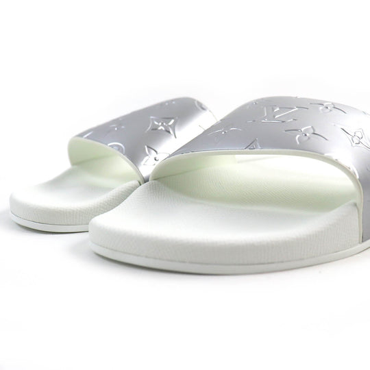 LOUIS VUITTON Sandals Monogram embossed metallic rubber Silver white Waterfront Line Mules mens 6 Used Authentic
