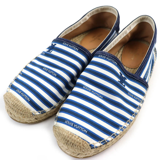 LOUIS VUITTON Slip-on Canvas, Rubber Blue white Jute Flats Border LV logo embroidery Espadrille mens 8 Used Authentic