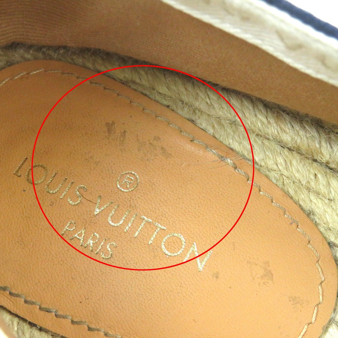 LOUIS VUITTON Slip-on Canvas, Rubber Blue white Jute Flats Border LV logo embroidery Espadrille mens 8 Used Authentic