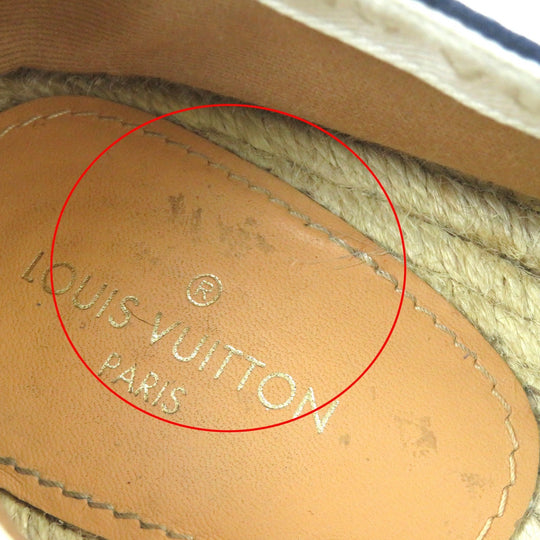 LOUIS VUITTON Slip-on Canvas, Rubber Blue white Jute Flats Border LV logo embroidery Espadrille mens 8 Used Authentic