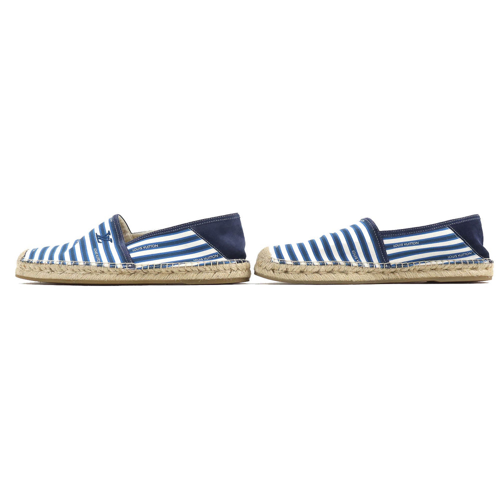 LOUIS VUITTON Slip-on Canvas, Rubber Blue white Jute Flats Border LV logo embroidery Espadrille mens 8 Used Authentic