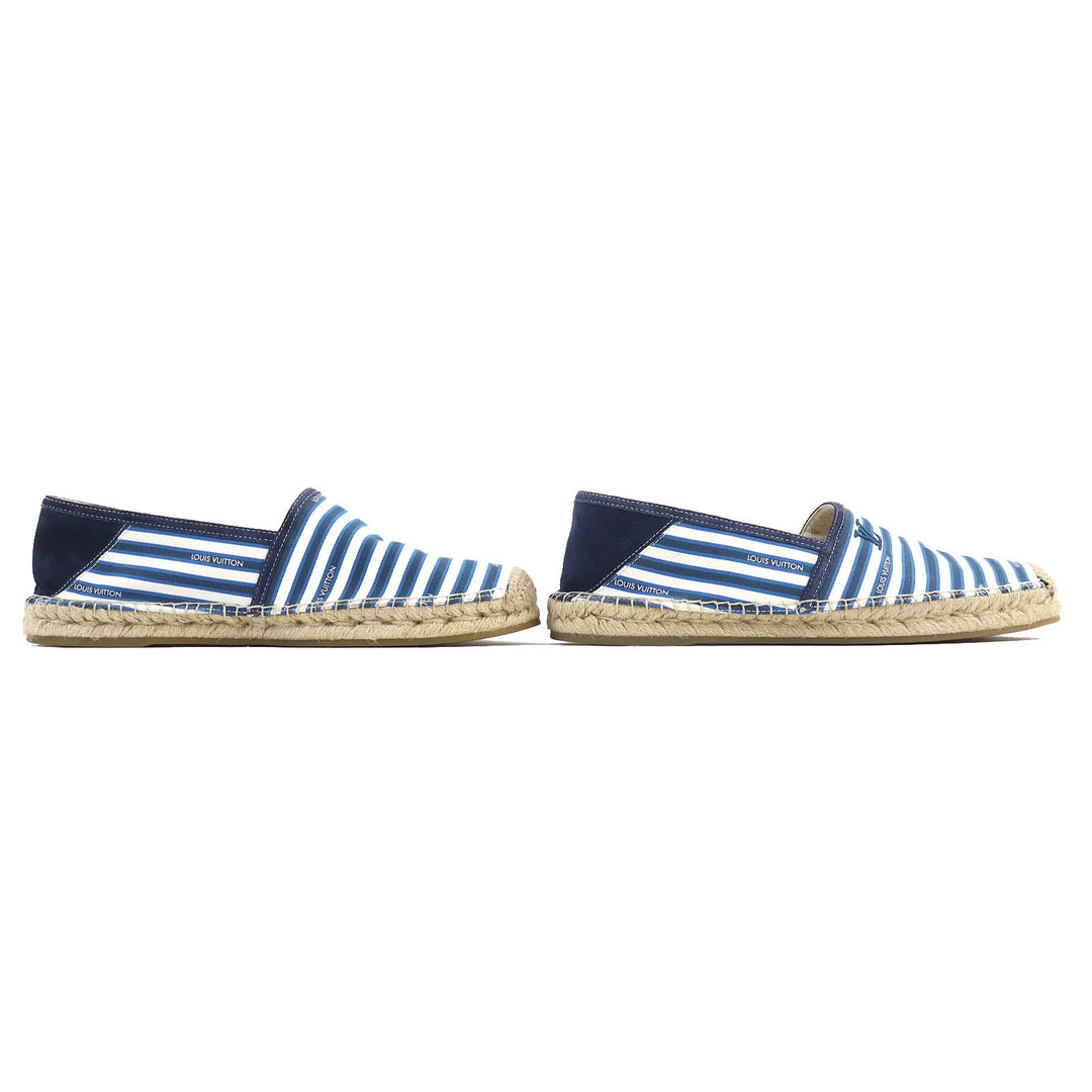 LOUIS VUITTON Slip-on Canvas, Rubber Blue white Jute Flats Border LV logo embroidery Espadrille mens 8 Used Authentic