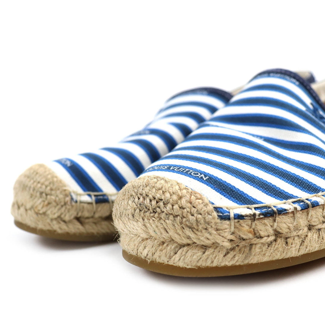 LOUIS VUITTON Slip-on Canvas, Rubber Blue white Jute Flats Border LV logo embroidery Espadrille mens 8 Used Authentic