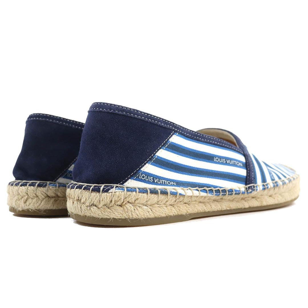LOUIS VUITTON Slip-on Canvas, Rubber Blue white Jute Flats Border LV logo embroidery Espadrille mens 8 Used Authentic
