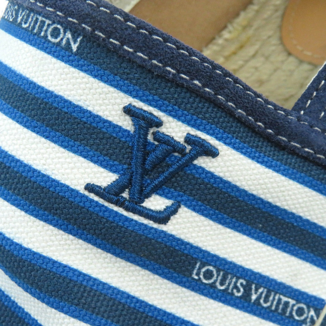 LOUIS VUITTON Slip-on Canvas, Rubber Blue white Jute Flats Border LV logo embroidery Espadrille mens 8 Used Authentic