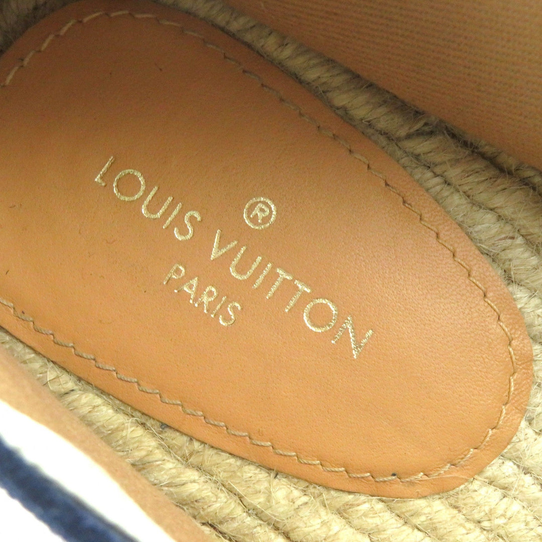 LOUIS VUITTON Slip-on Canvas, Rubber Blue white Jute Flats Border LV logo embroidery Espadrille mens 8 Used Authentic