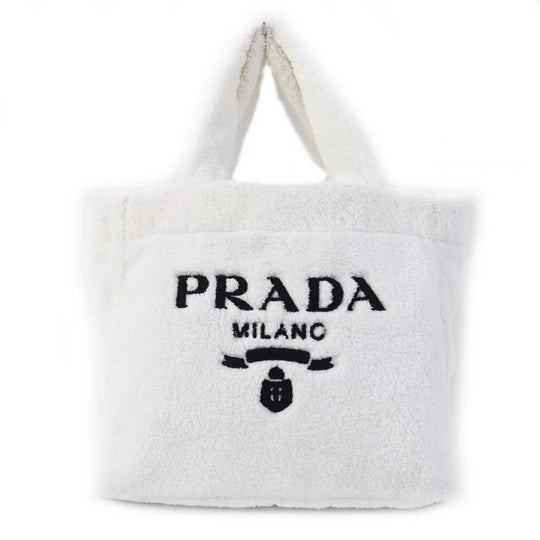 PRADA Tote Bag 1BG130 Pile fabric Bianco Nero terry Women Used Authentic
