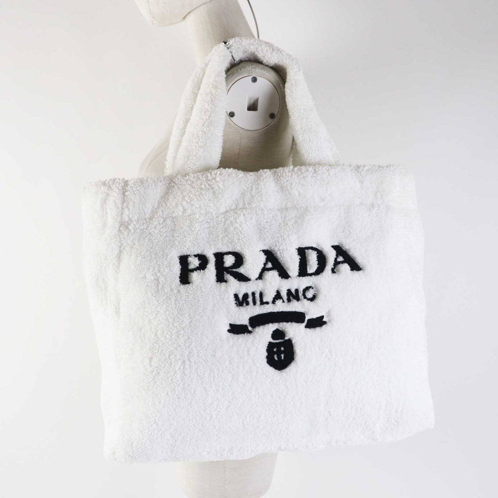 PRADA Tote Bag 1BG130 Pile fabric Bianco Nero terry Women Used Authentic