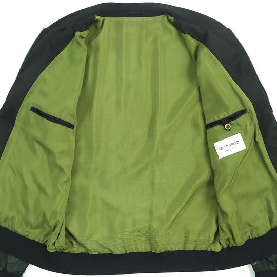 ETRO Bomber jacket Outer: 100% nylon, Lining: 100% cupra, Rib part: 98% cotton, 2% polyurethane, Sleeve lining: 54% acetate, 46% polyester Black multicolor mens XL Used Authentic