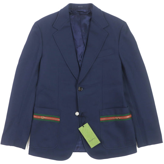 GUCCI tailored jacket 751155 Main: 100% cotton, Lining: 100% rayon, Parts: 100% rayon, Applique: 35% acrylic, 35% alpaca, 30% polyester Navy Cotton formal jacket with Web stripe detail mens 46 Used Authentic