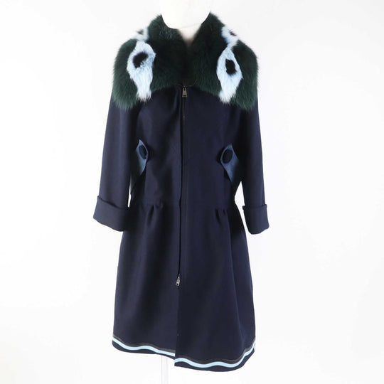 FENDI coat FF8246 Outer material: 87% wool, Outer material: 10% cashmere, Outer material: 3% polyurethane, Other material: 100% silk, Fur: Fox Leather: Lamb Navy Women 42 Used Authentic