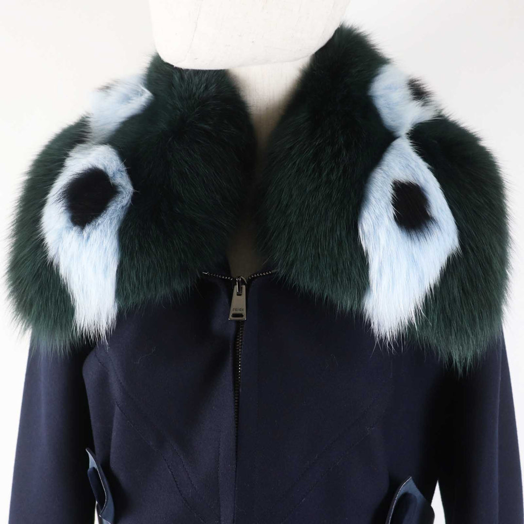 FENDI coat FF8246 Outer material: 87% wool, Outer material: 10% cashmere, Outer material: 3% polyurethane, Other material: 100% silk, Fur: Fox Leather: Lamb Navy Women 42 Used Authentic