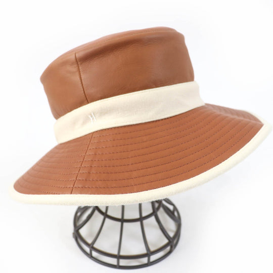 HERMES hat Main: Leather, Lining: 100% Cashmere Brown Ivory Women 58 Used Authentic