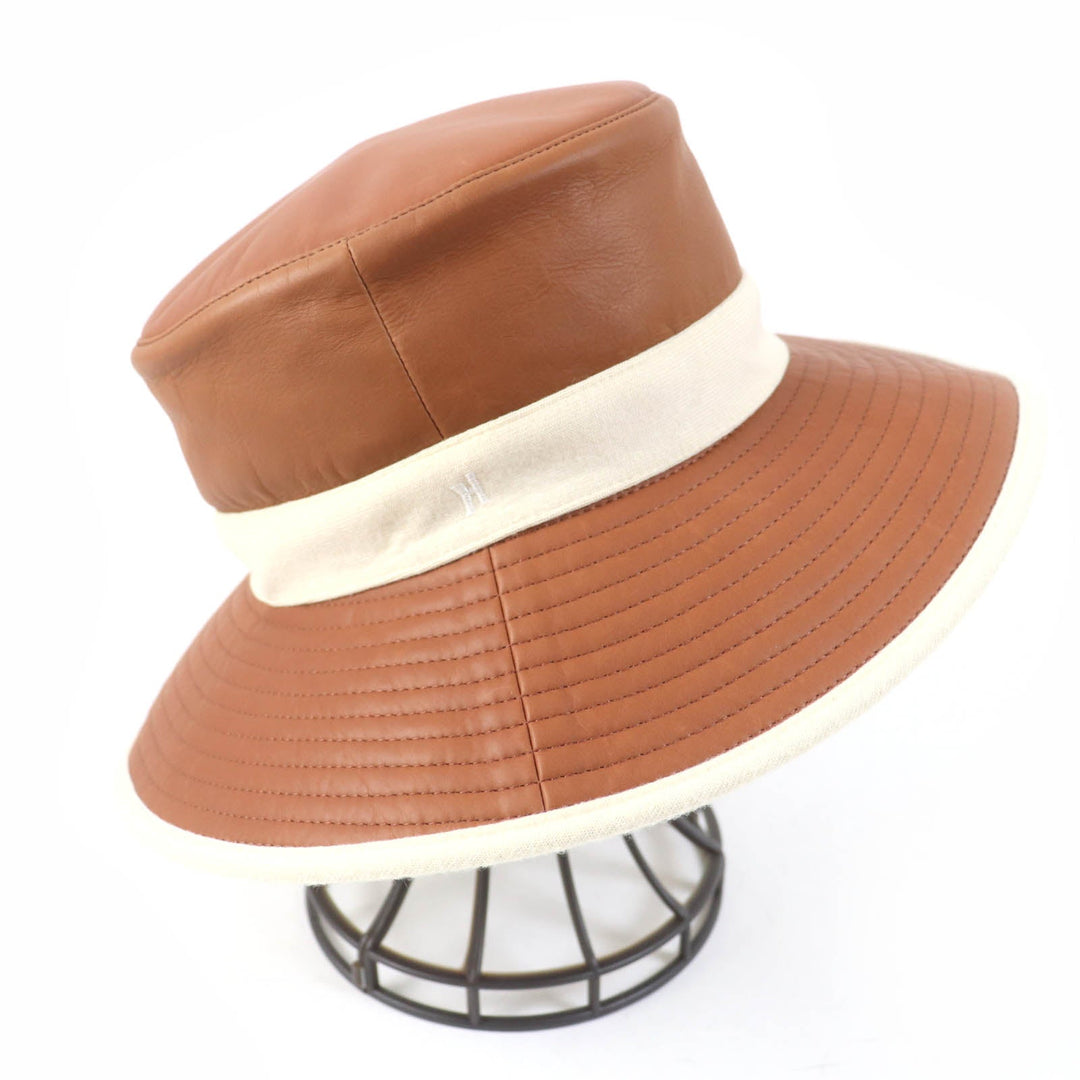 HERMES hat Main: Leather, Lining: 100% Cashmere Brown Ivory Women 58 Used Authentic