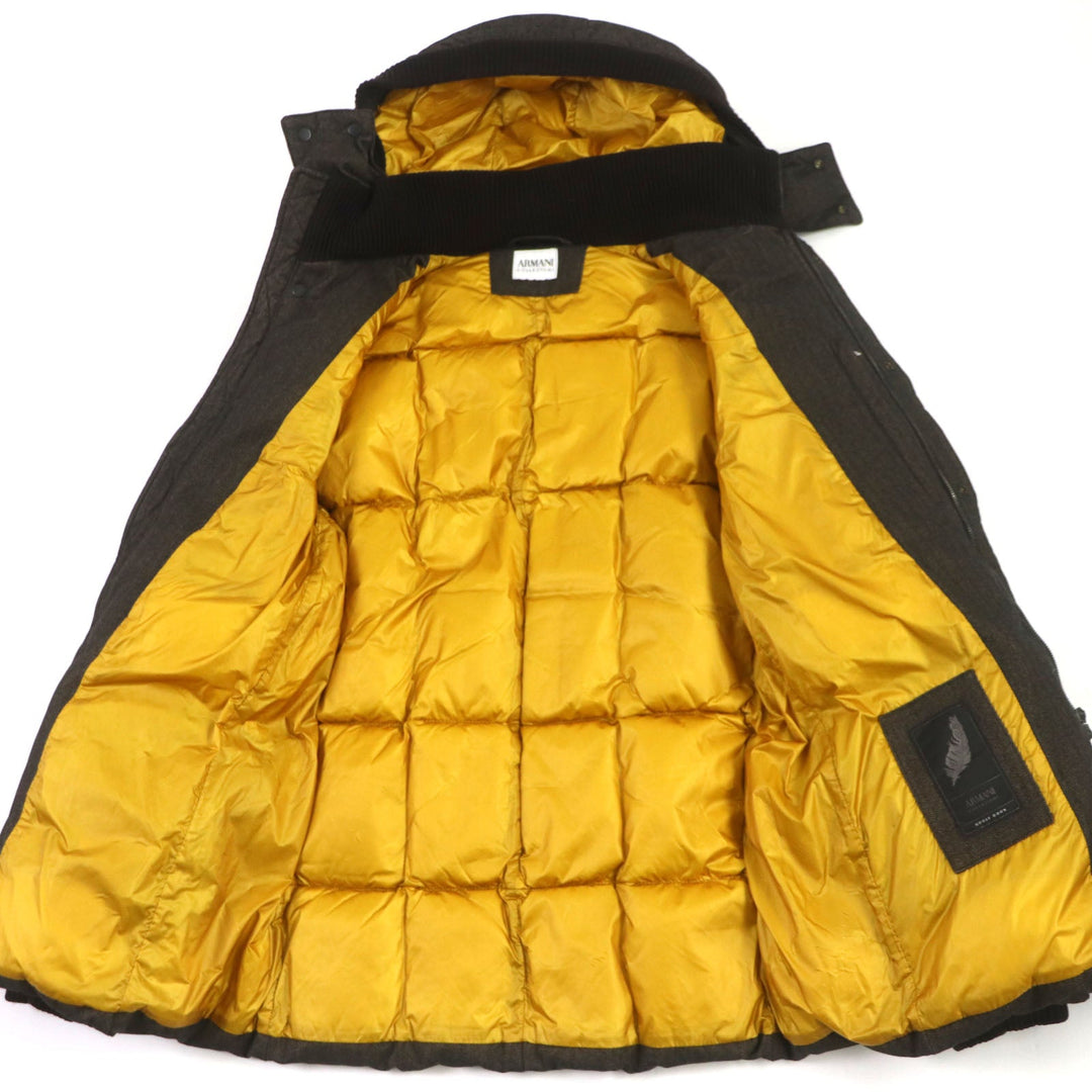 ARMANI COLLEZIONI Down jacket Outer: 69% polyester, Outer: 29% viscose (rayon), Outer: 2% elastane (polyurethane), Lining: 100% polyamide (nylon), Filling: 100% down Dark brown mens 52(EU size) Used Authentic